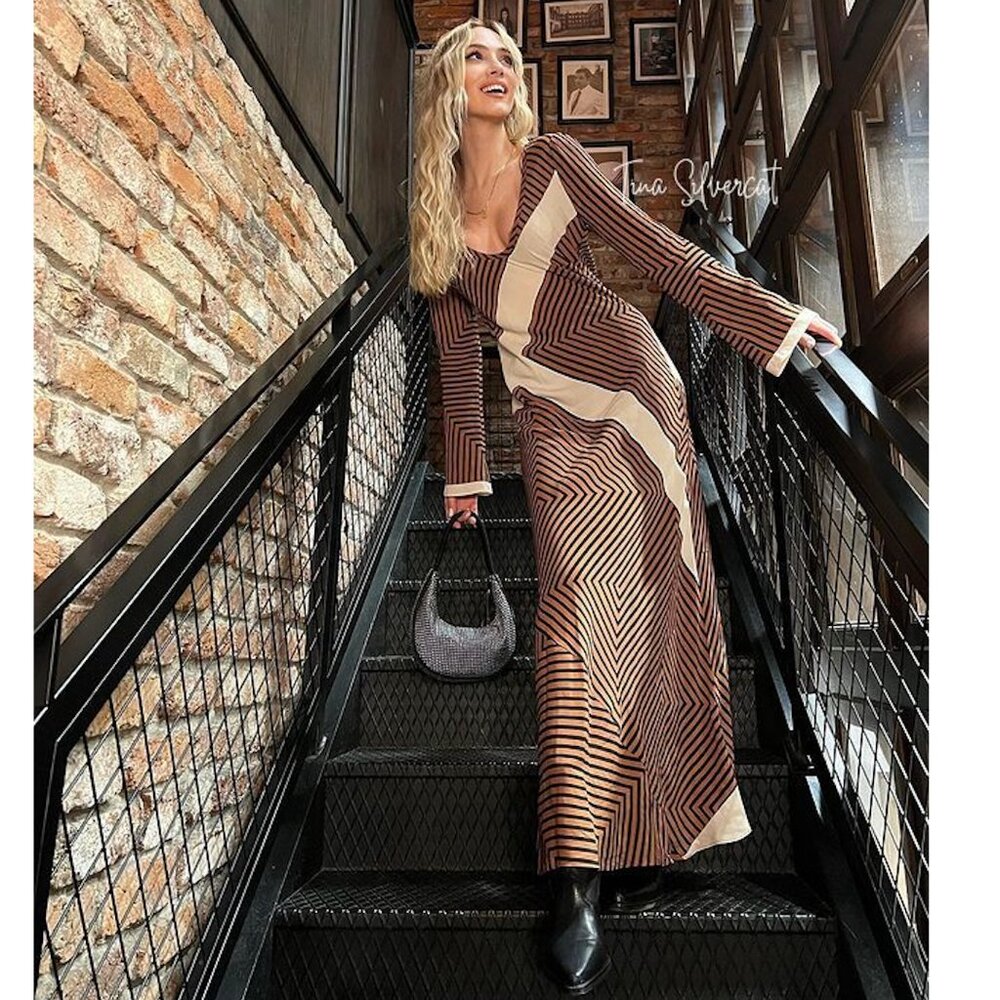 BLOGGER'S FAVE! Zara Striped Midi Dress Brown Sz XS, Small NWT - Picture 11 of 16